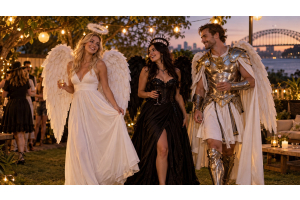 Australian adults wearing classic, dark and armoured angel costumes at an evening garden party