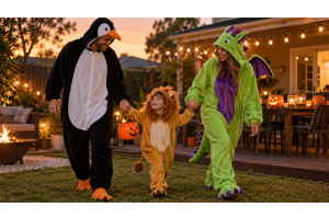 Adults in penguin and green dragon jumpsuits with a child in a lion costume at an Australian backyard Halloween party