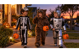 Three boys in skeleton, werewolf and silver robot costumes carrying pumpkin buckets on an Australian front path at dusk