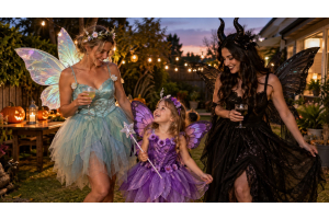Two adults and a child wearing pastel and dark fairy costumes at an Australian garden party