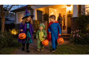 Kids in fun, not-too-scary Halloween costumes trick-or-treating