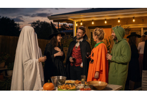Australian backyard Halloween party at dusk with adults in generic scary and funny costumes under warm porch light