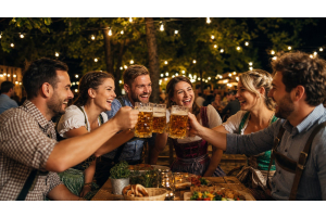 Group of Australian friends at an Oktoberfest-style party in a string-lit beer garden