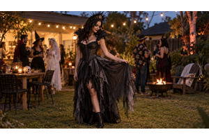 Woman wearing a dramatic dark Halloween dress at a relaxed Australian garden party