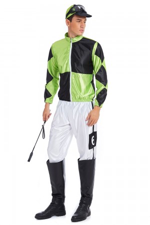 Mens Green Black Jockey Horse Racing Rider Uniform Costume