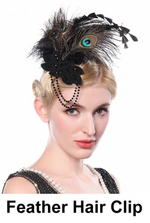 1920s Bridal Head Clip Black Peacock Feather lx0263