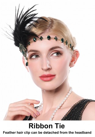 20s headband with black feather and green Rhinestones lx0254