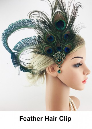 1920s Green Peacock Feather Hair Clip lx0258
