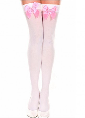 White Tight High Stockings With Pink Bow