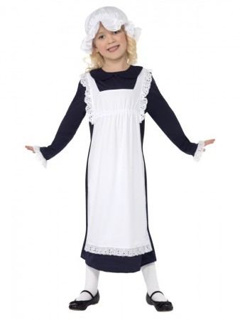 Girls Olden Day School Miss Historical Pioneer Colonial Costume Girls Olden Day Dress Up Costume - Victorian Poor Girl Outfit with Apron and Mob Cap