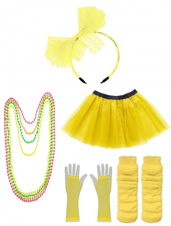 Yellow Coobey Ladies 80s Tutu Skirt Fishnet Gloves Leg Warmers Necklace Dancing Costume Accessory Set tt1074-6tt1059-2lx3006-6tt1017tt1048-7