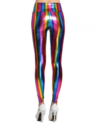 1980s 90s Neon Rainbow Leggings Disco Fluro Metallic Pants