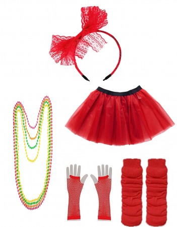 Red Coobey Ladies 80s Tutu Skirt and Accessory Set tt1074-3tt1059-4lx3006-3tt1017tt1048-11