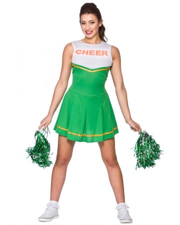 Green Ladies Cheerleader School Girl Uniform Fancy Dress Costume