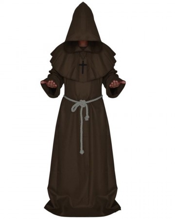 Brown Medieval Friar Hooded Robe Monk Cross Necklace Renaissance Costume Priest
