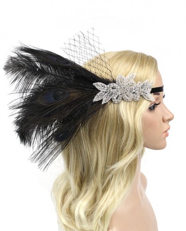 Black Feather Vintage Bridal Great Gatsby Flapper Headpiece