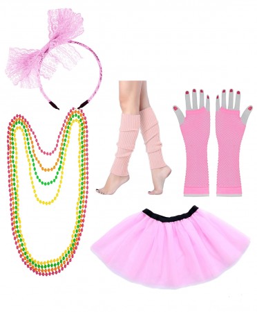 Baby Pink Coobey Ladies 80s Tutu Skirt Fishnet Gloves Leg Warmers Necklace Dancing Costume Accessory Set tt1074-10tt1059-12lx3006-10tt1017tt1048-6