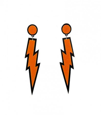 Orange Glitter Lightning Plastic Rock Star 80s Earrings