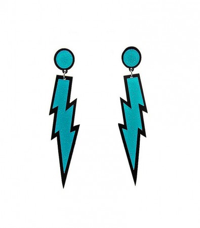 Blue Glitter Lightning Plastic Rock Star 80s Earrings