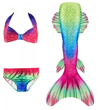 Girls Mermaid Costume Tail Swimsuit Rainbow Bikini Set