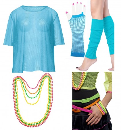 Blue Neon Fishnet Vest Top T-Shirt 1980s Costume Plus Beaded Necklace Bracelet legwarmers gloves