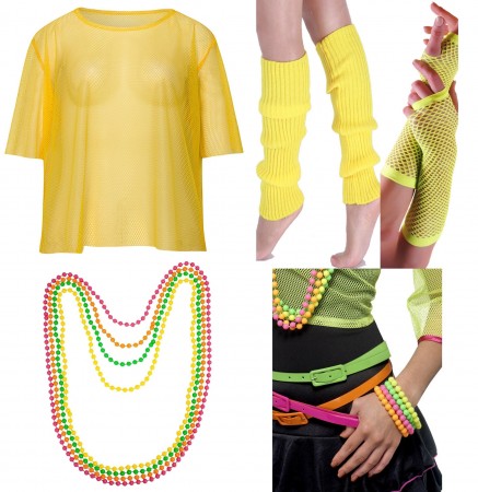 Yellow Neon Fishnet Vest Top T-Shirt 1980s Costume Plus Beaded Necklace Bracelet legwarmers gloves