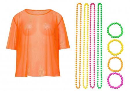 Orange Neon Fishnet Vest Top T-Shirt 1980s Costume Plus Beaded Necklace Bracelet