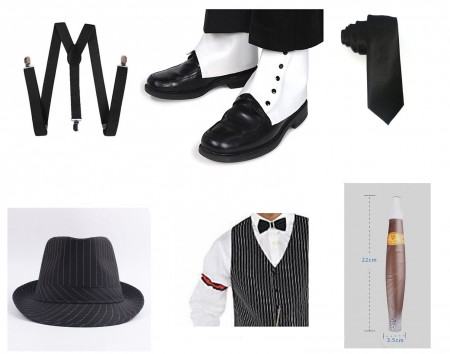 Black Mens 1920s 20s Gangster Set Hat Braces Tie Cigar Gatsby Costume Accessories