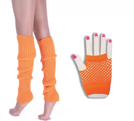 Coobey 80s Neon  Fishnet Gloves  Leg Warmers accessory set Orange