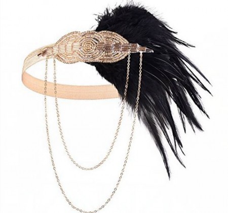 1920s Golden Headband Black Feather Headpiece