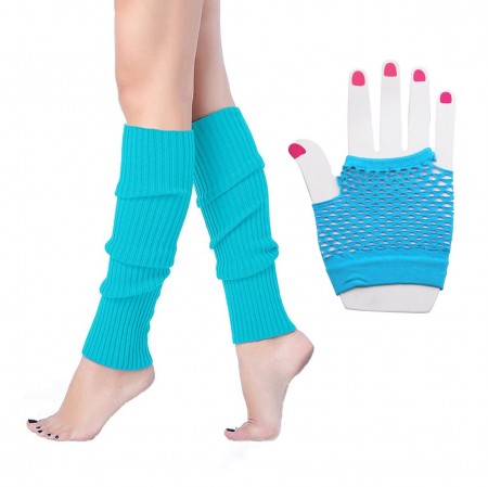 Coobey 80s Neon Fishnet Gloves Leg Warmers accessory set Light Blue tt1059-10lx3007-10