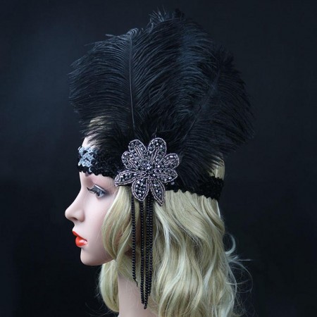Black Feather Flapper 20s Gatsby Headpiece