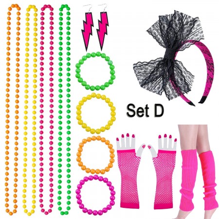 80s Neon Bracelet Necklace Bow Headband Fishnet Gloves Lighting Earring Leg Warmers