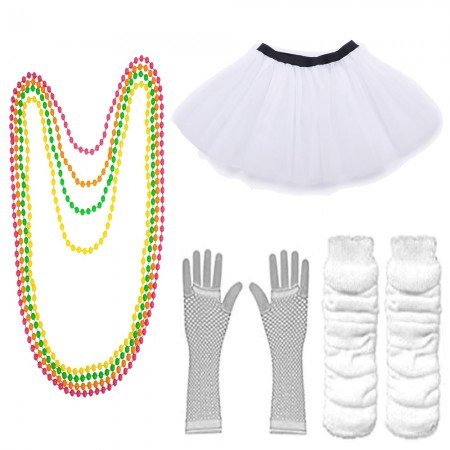 White Coobey Ladies 80s Tutu Skirt Fishnet Gloves Leg Warmers Necklace