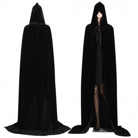 Black Adult Hooded Velvet Cloak Cape Wizard Costume