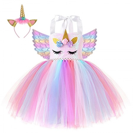 Unicorn Tulle Tutu Dress Girls Unicorn Princess Tutu Dress Costume with Wings and Headband
