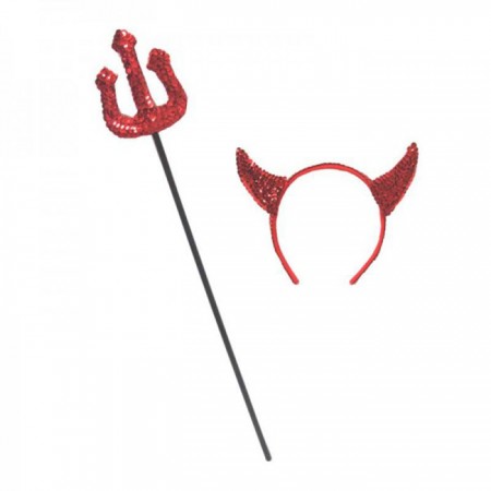 Accessories - Red Devil Horns Headband And Pitch Fork Satan Trident Costume Accessories