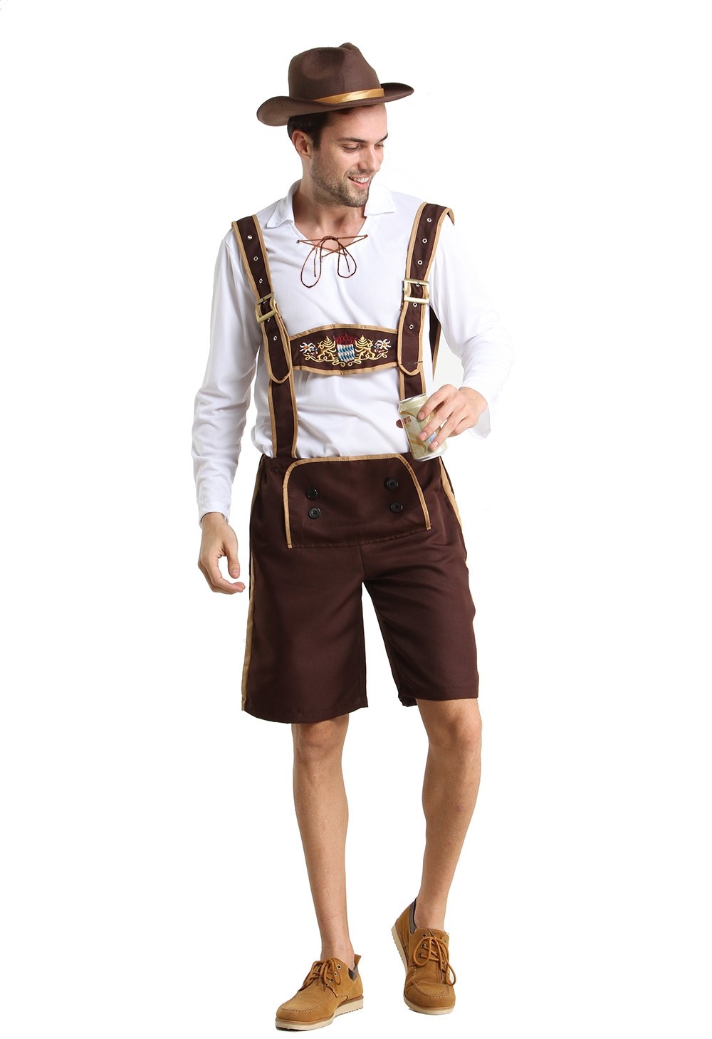 Costume Da Biergarten Per Oktoberfest: Camicetta, Shorts E Bretelle - Nuovo Con Etichette
