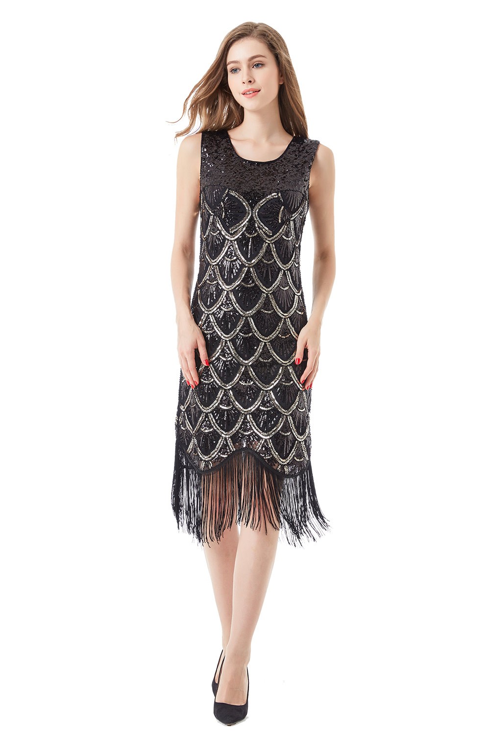 20s fashion flapper dress BABEYOND Off Shoulder Sequin Beaded 1920s Dress, Fringe Flapper Great Gatsby Party Dress, Black/Gold Size M main image 0
