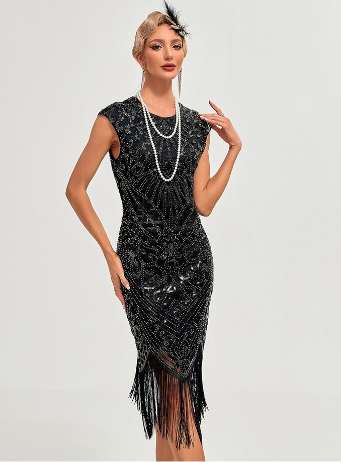Women's 1920s Flapper Costume Dress Set - Fringed Sequin Gatsby Dress With Headband, Necklace, Gloves & Earrings
