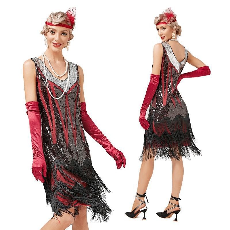 ladies 1920s Great Gatsby Charleston Party Costume Sequin Tassel Flapper  Dress