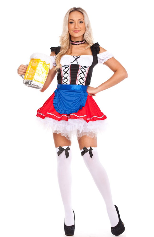 Ladies Red Beer Maid Wench Oktoberfest Costume Gretchen German Fancy Dress Up 