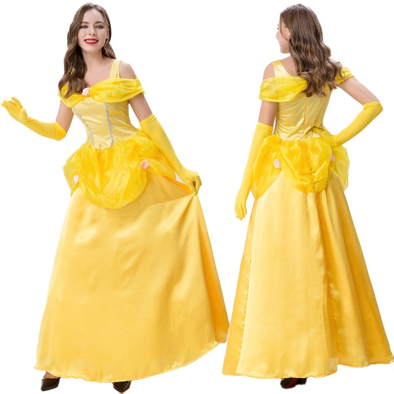 Adult Yellow Princess Dress Costume with Gloves  Beauty Ball Gown
