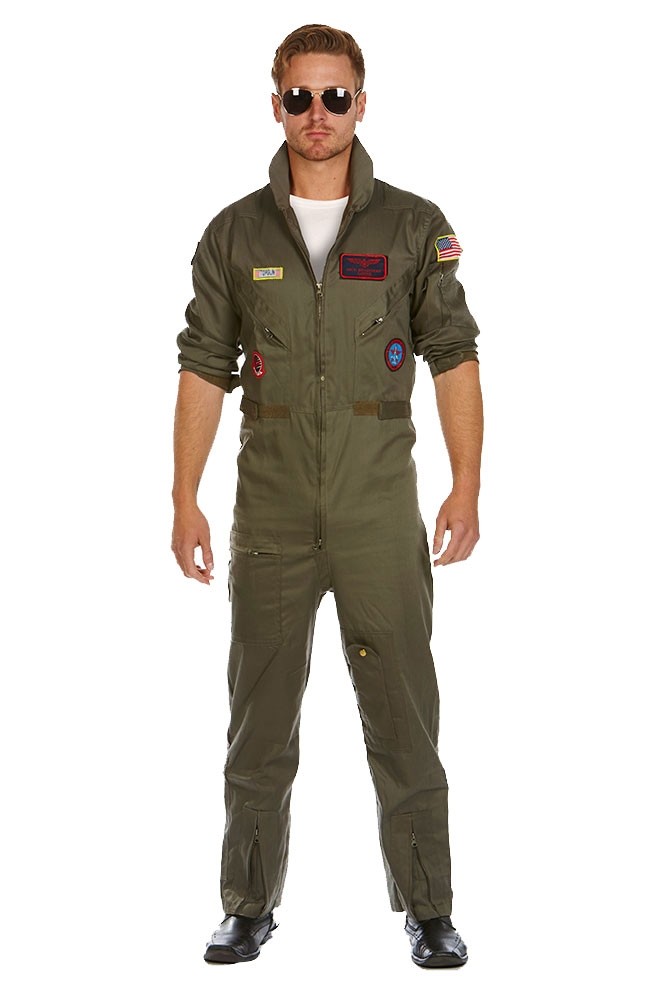 80s Top Flight Aviator Costume Gun Pilot Flying Uniform Mens Fancy Dress 1980s