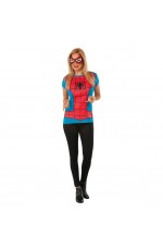 Womens Spider Girl Tshirt Mask Super Hero Justice League Fancy Dress Costume