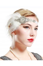 White 1920s Feather Headband Gatsby