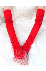 Ladies Red Lace Gloves Over Elbow Length