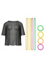 Black Neon Fishnet Vest Top T-Shirt 1980s Costume  Plus Beaded Necklace Bracelet