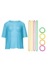 Blue Neon Fishnet Vest Top T-Shirt 1980s Costume Plus Beaded Necklace Bracelet