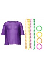 Purple Neon Fishnet Vest Top T-Shirt 1980s Costume  Plus Beaded Necklace Bracelet